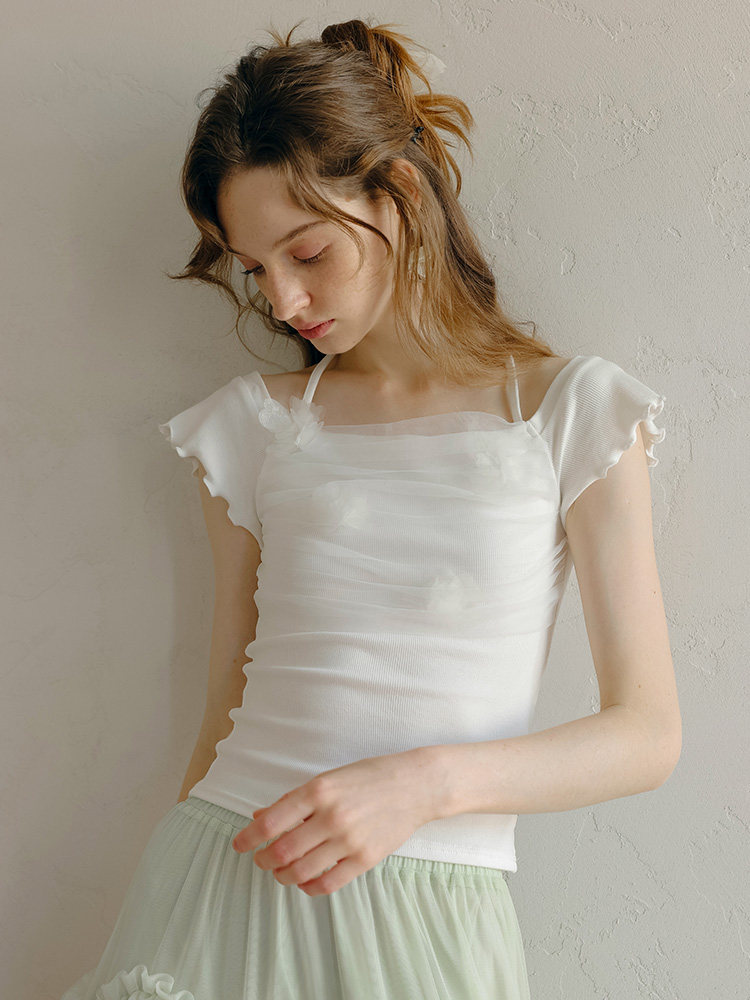 White Halter Off-Shoulder 3D Flower Short Sleeve Top