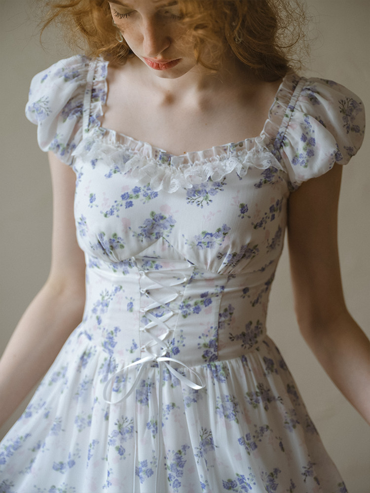 White Blue Floral Tiered Ruffle Dress