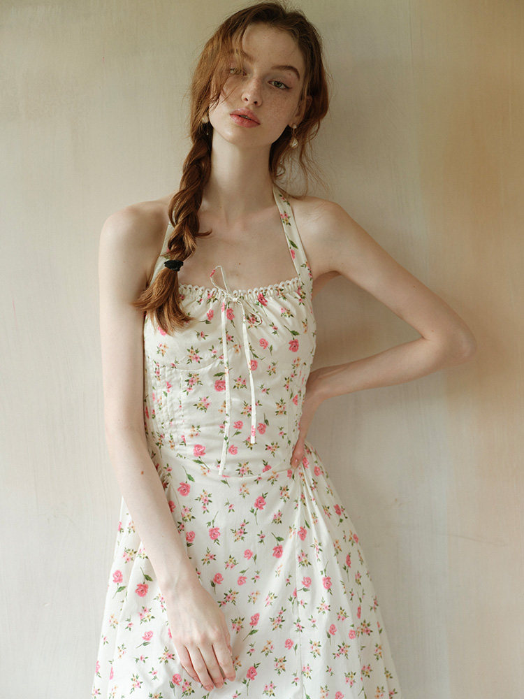 Pink Floral Waisted Halter Midi Dress