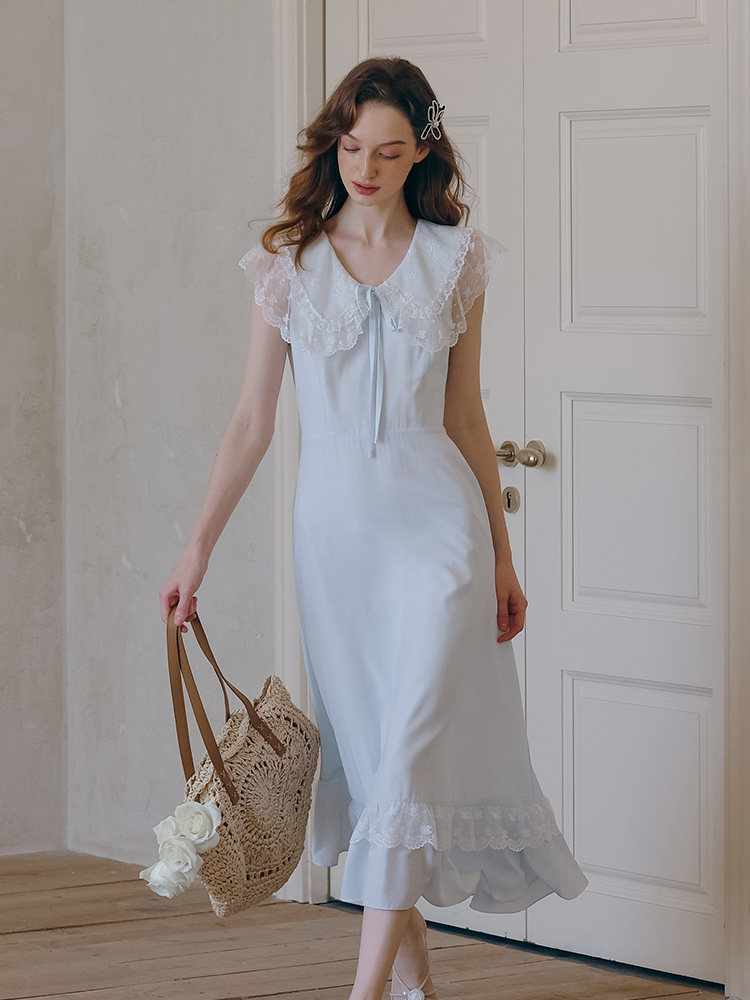 Light Blue Lace Collar Sleeveless Dress