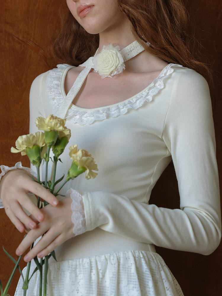 Long Sleeve Waisted Lace Hem White Dress