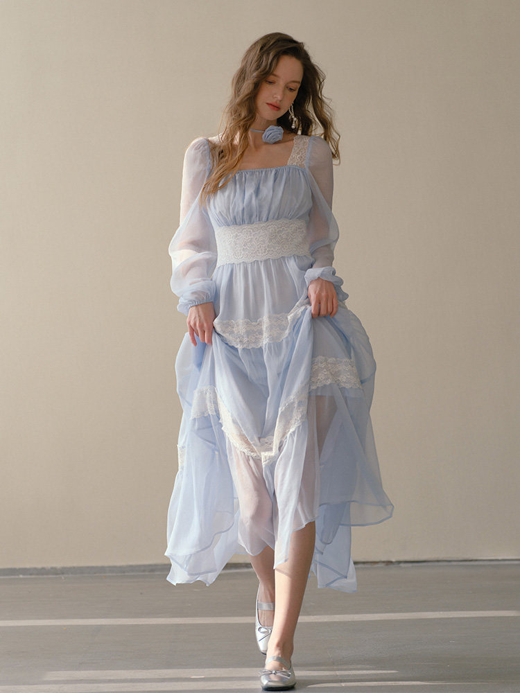 Light Blue Lace Trim Tiered A-Line Maxi