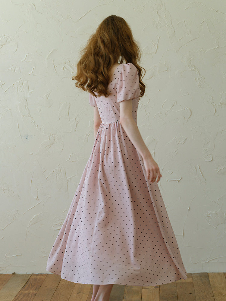 Sweetheart Neck Bow Polka Dot Puff Sleeve Dress