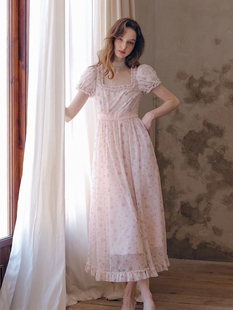 Buy Light Pink Floral Tulle Dress Square Neck Puff Sleeve Dress - Megustas