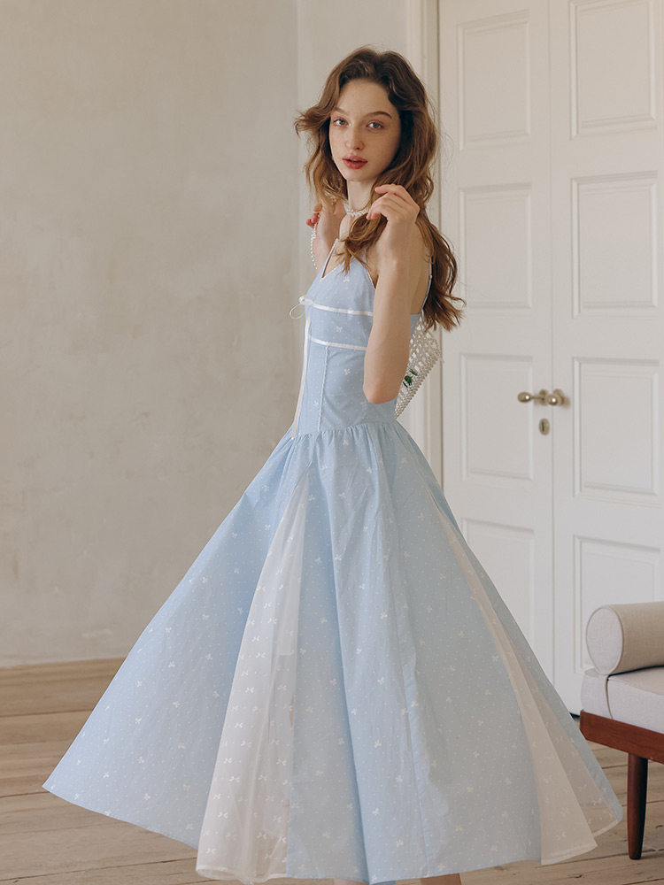 High Waist Seam Spaghetti Strap A-Line Light Blue Dress