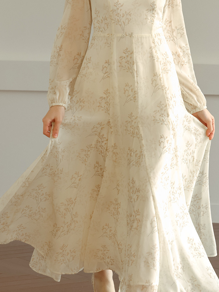 Off-white High Waist A-Line Long Sleeve Dress