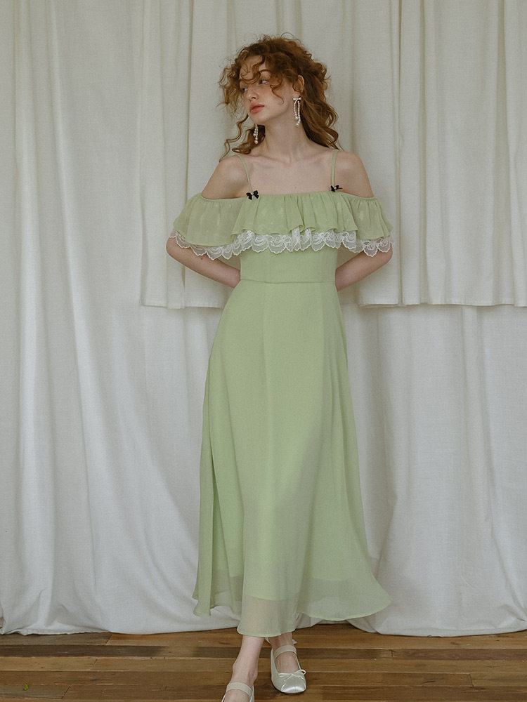 Mint Green High Waist Lace Trim A-Line Dress