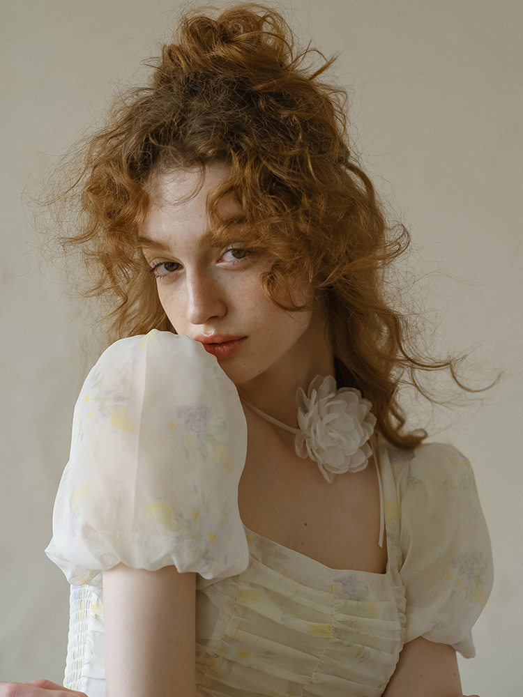 Square Neck Smocked Puff Sleeve Cream Dress