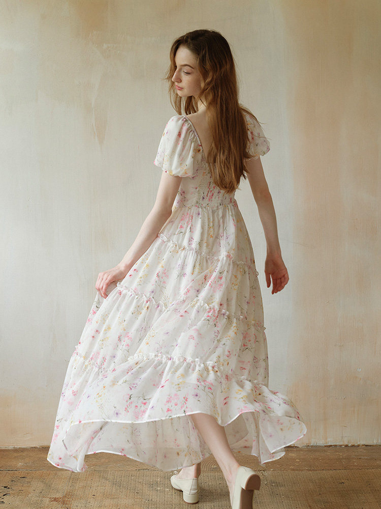 White Floral Puff Sleeve Tiered Maxi Dress