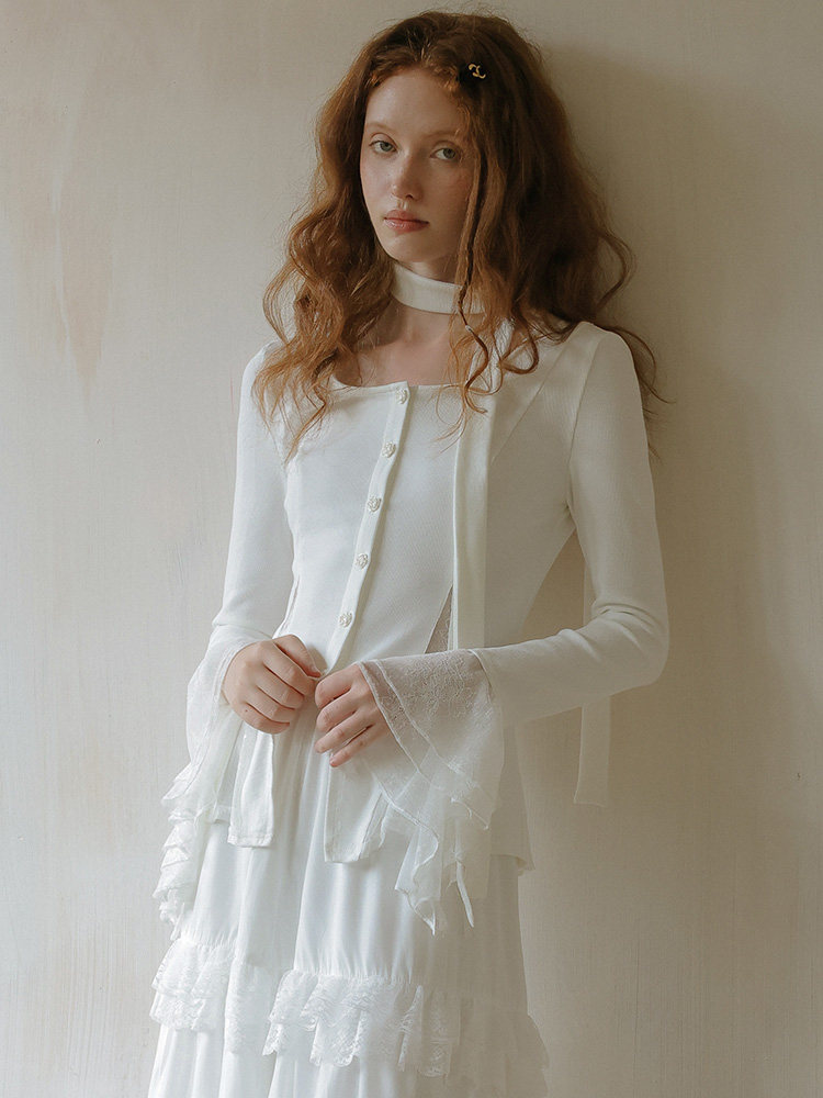 White Fitted Flared Lace Long Sleeved Top