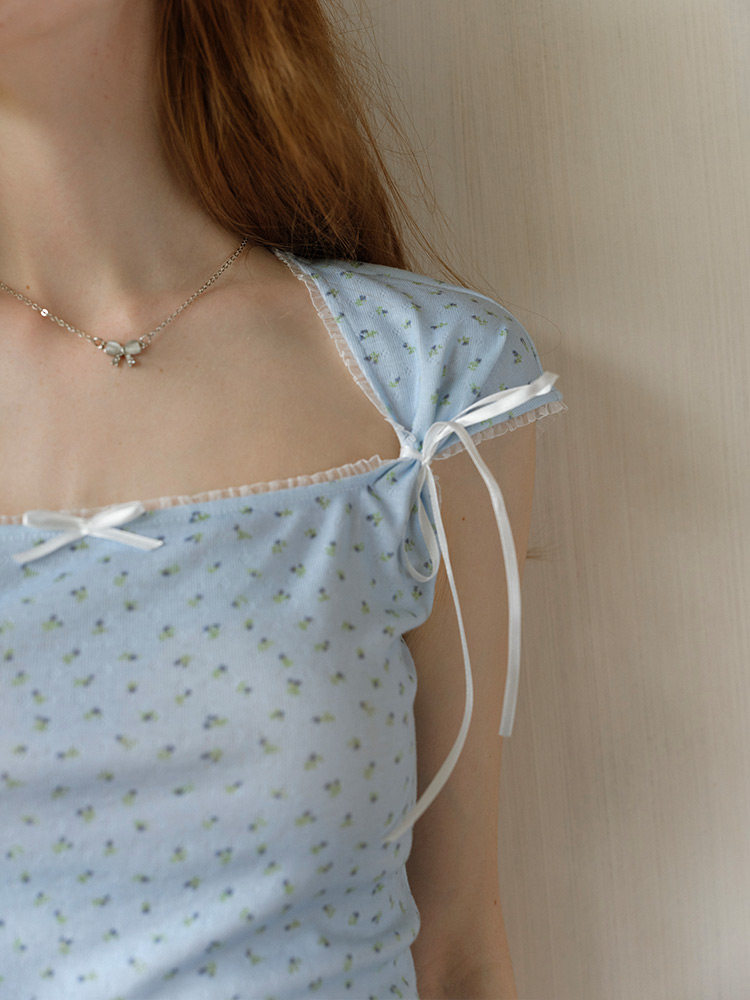 Light Blue Floral Shoulder Bow Short Sleeve Tee