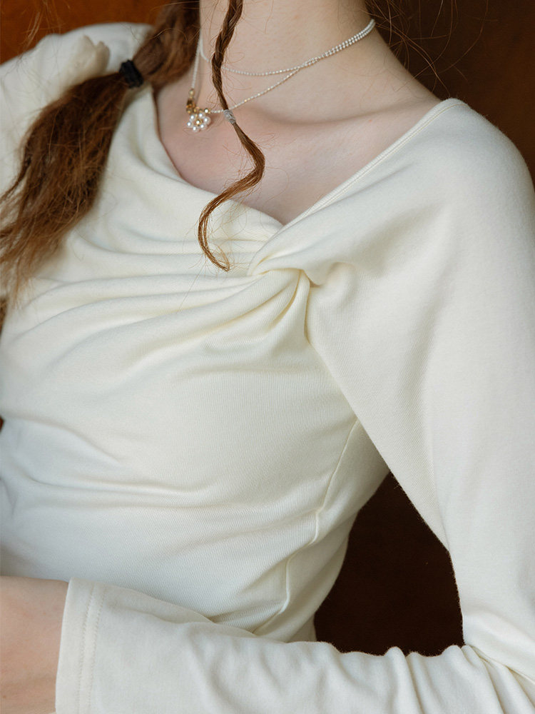 Off-Shoulder 3D Flower Ruched Long Sleeve Cream Top