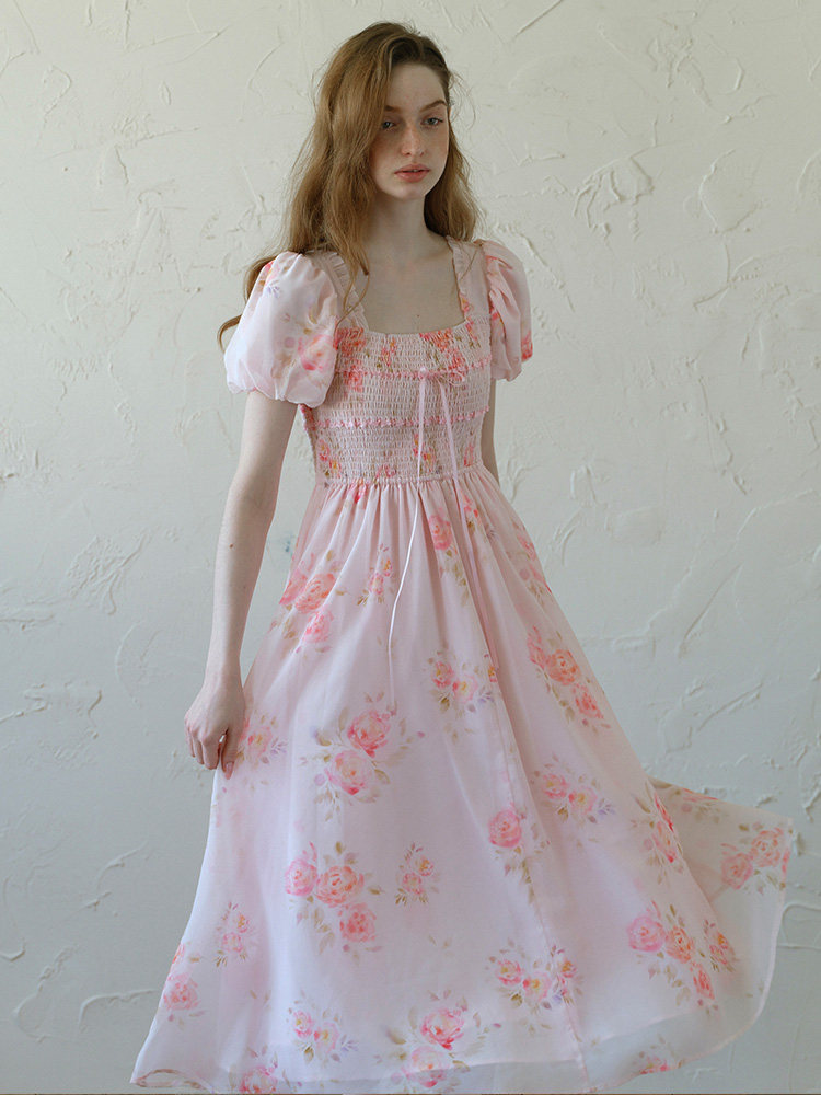 Pink Floral Puff Sleeve High Waist Midi Dress