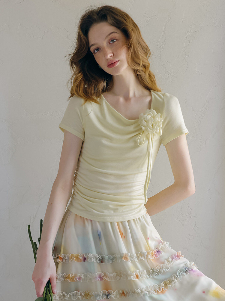 Buy Light Yellow Short-Sleeved Woman's T-shirt Decorated With Roses - Megustas