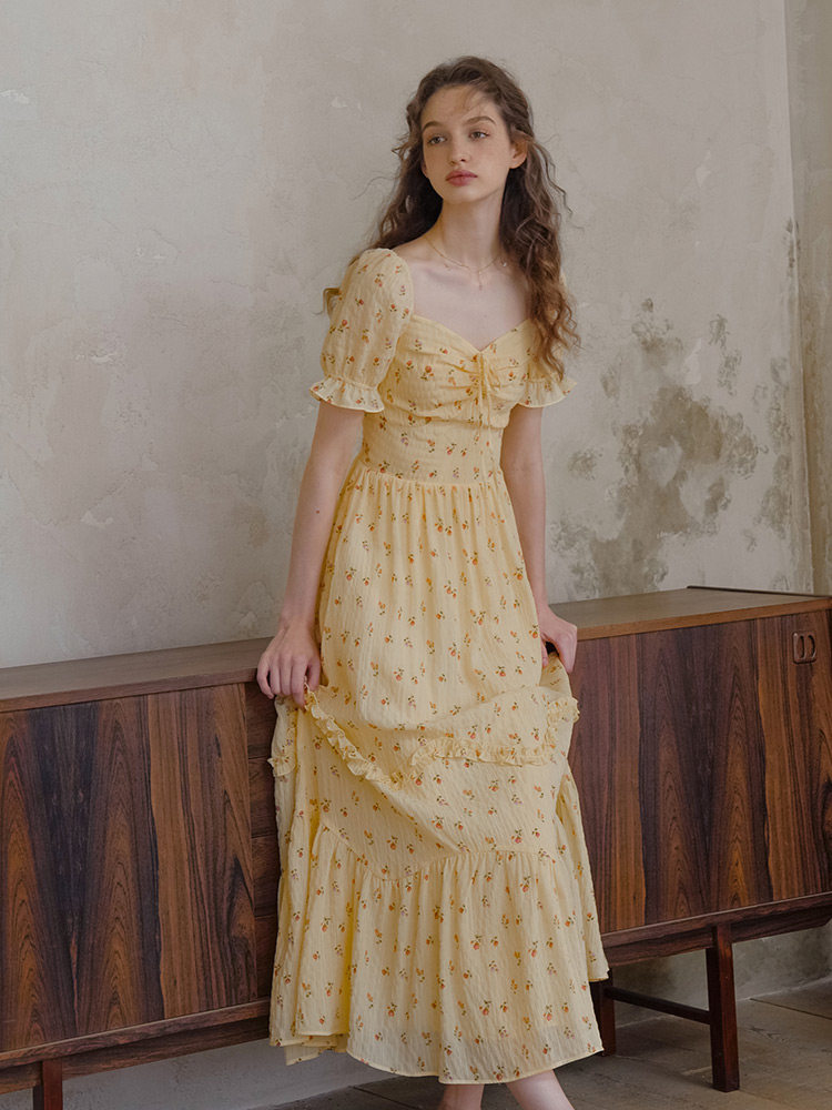 Buy Vintage Yellow Floral Slim-Fit Maxi Dress - Megustas