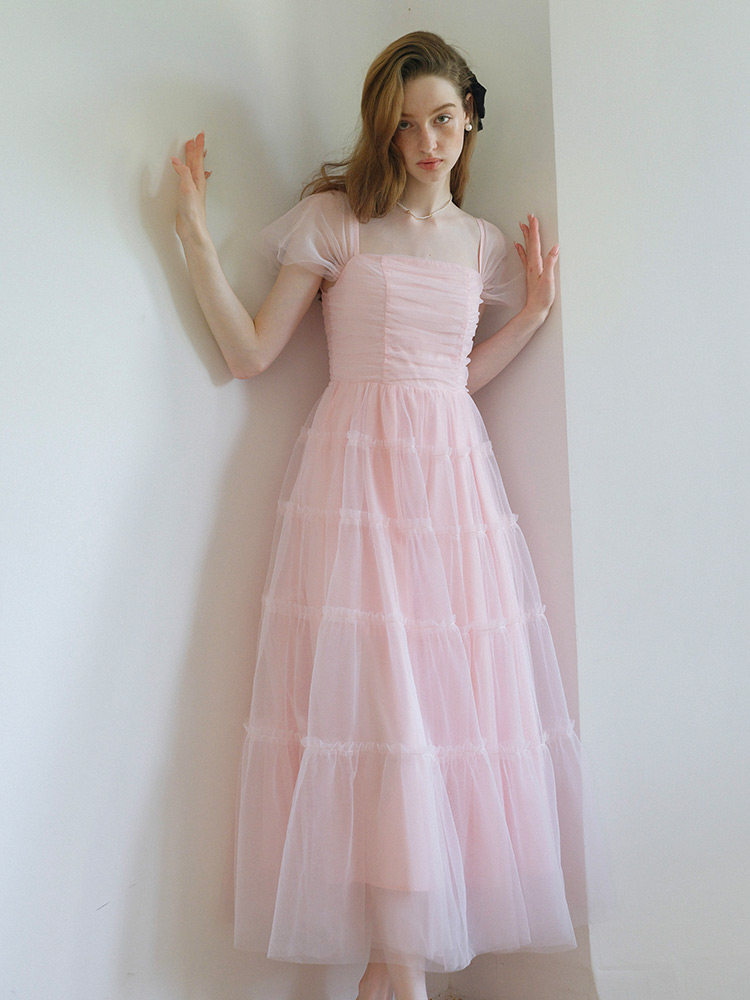 Buy Soft Pink Tiered Tulle Dress Puff Sleeve Romantic Midi - Megustas