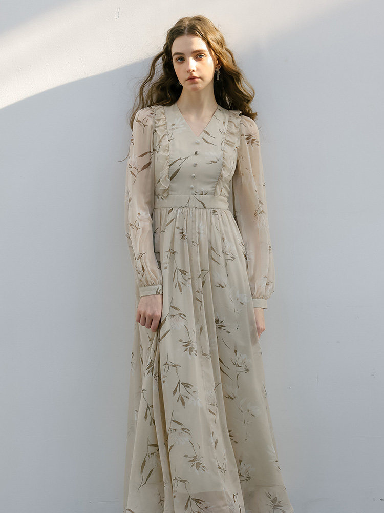 Buy Beige Floral Chiffon Dress V-Neck Ruffle Trim Long Sleeve - Megustas
