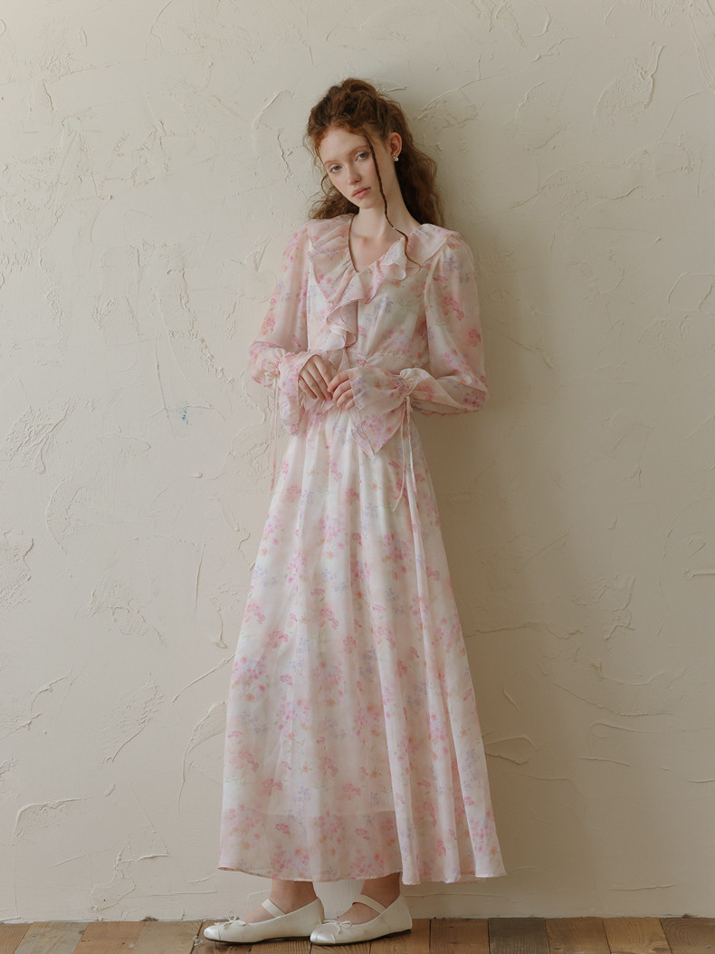 Buy Vintage Ruffle Long Sleeve Chiffon Floral Dress - Megustas