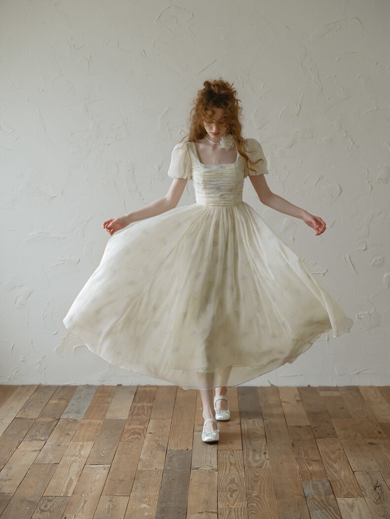 Square Neck Smocked Puff Sleeve Cream Dress