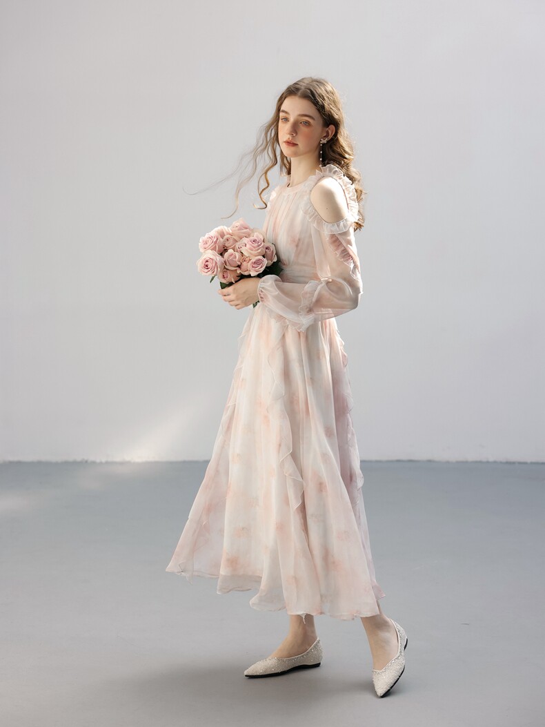 Cutout Shoulder Ruffle Sleeve Watercolor Dress