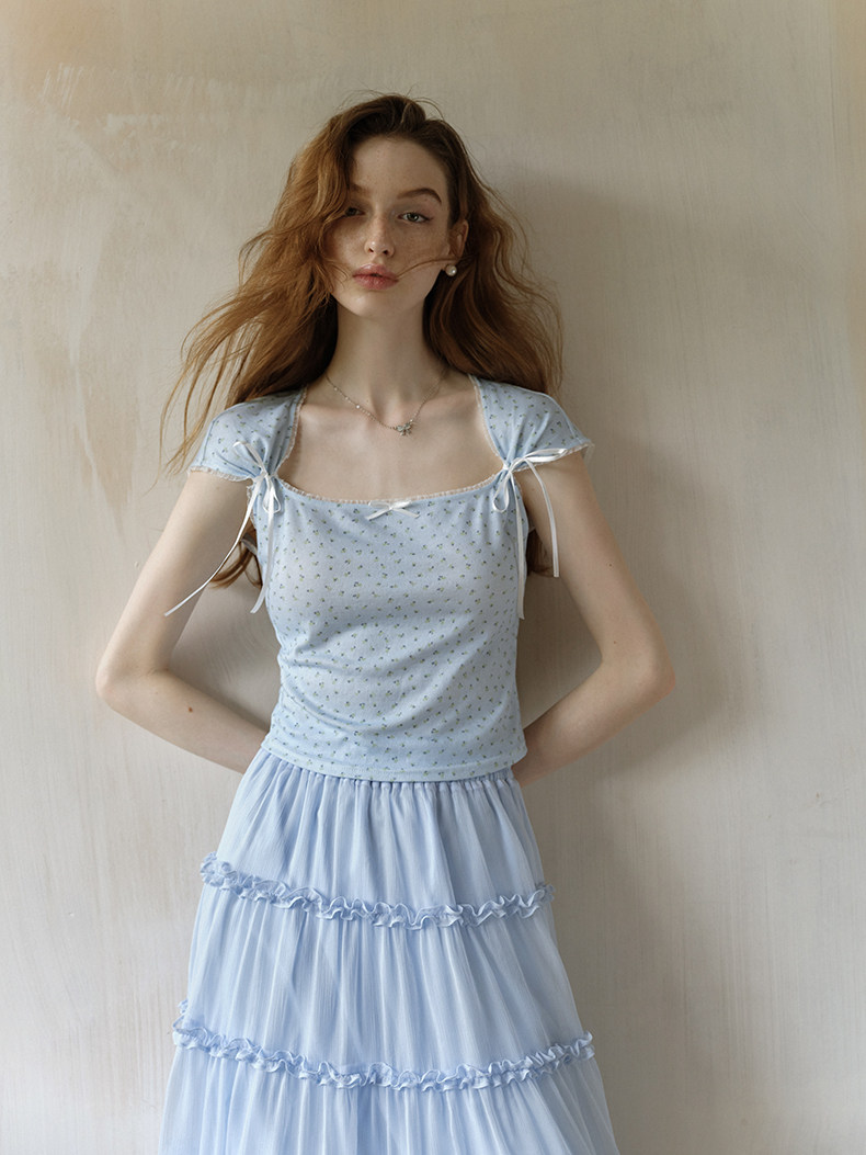 Light Blue Floral Shoulder Bow Short Sleeve Tee