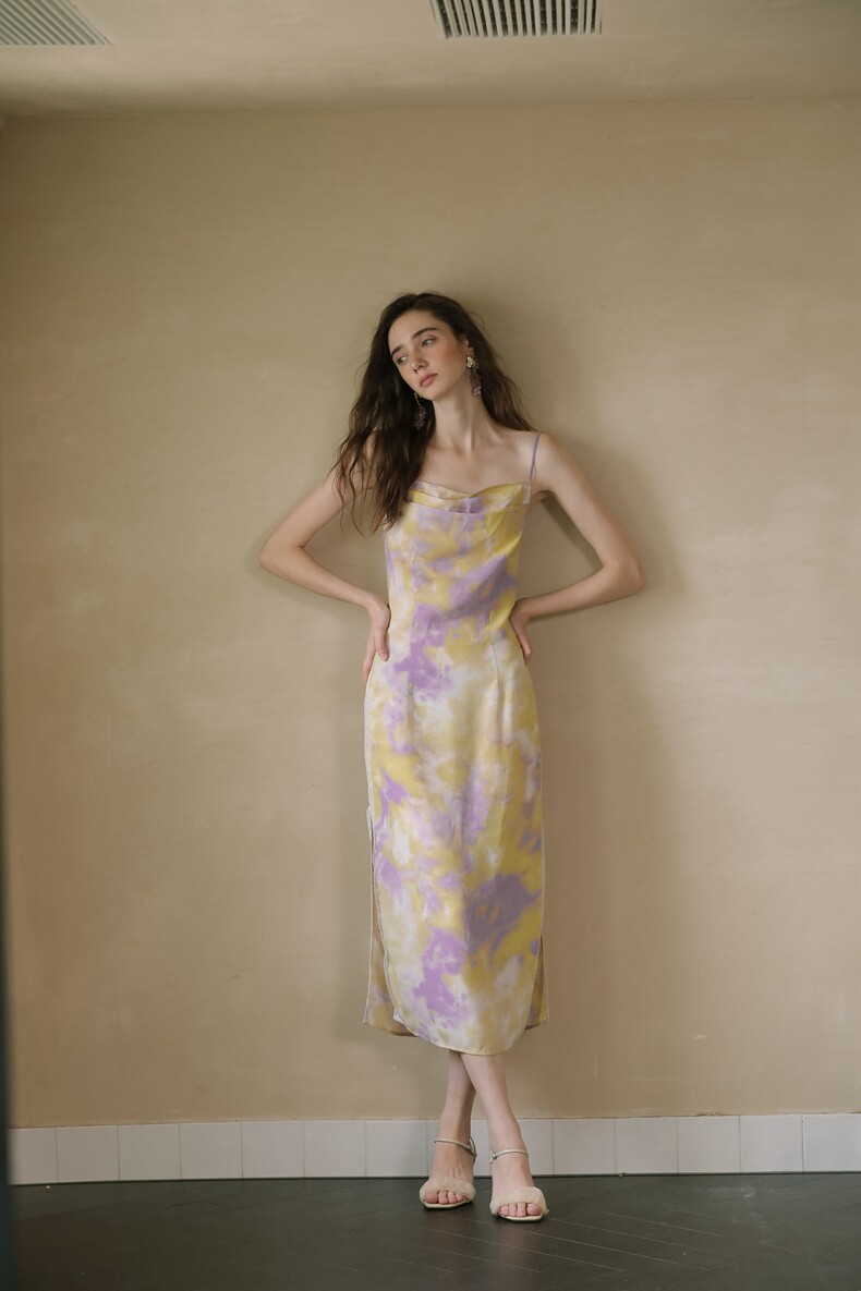 Yellow Purple Watercolor Cowl Neck Slip Dress