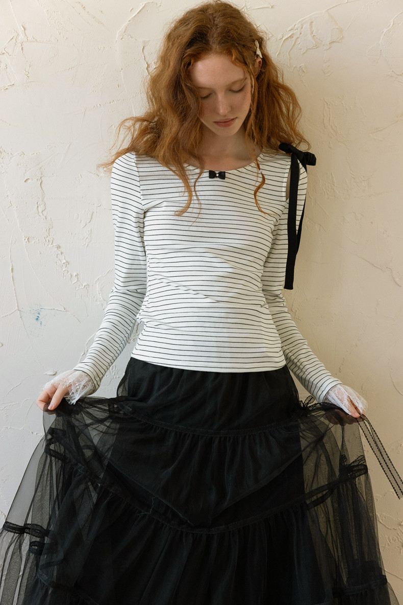 Striped Long Sleeve T-Shirt Lace Cuffs Bow Accent