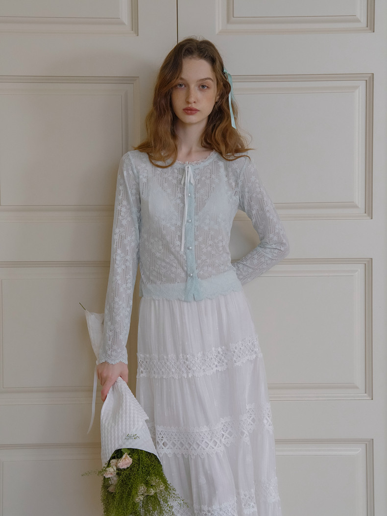 Buy Light Blue Floral Lace Sheer Cardigan, Women’s Top - Megustas