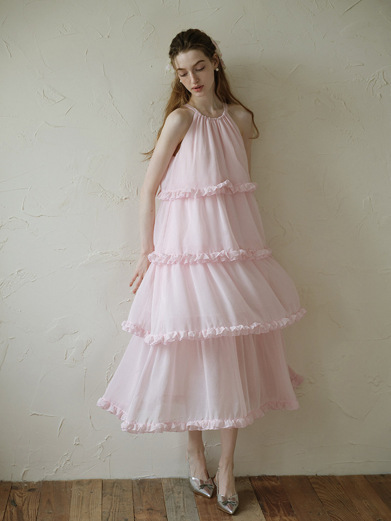 Buy Light Pink Ruffle Tiered Maxi Dress, Sleeveless Halter Dress - Megustas