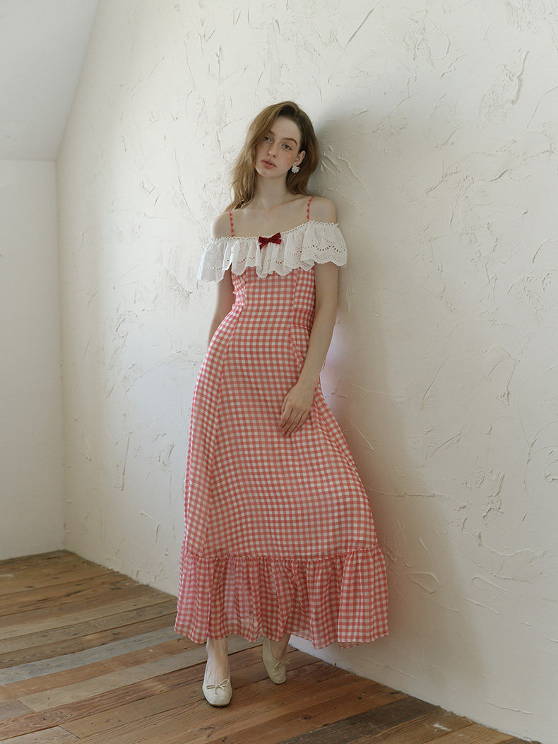 Buy Red Gingham Off-Shoulder Dress Lace Ruffle Vintage - Megustas