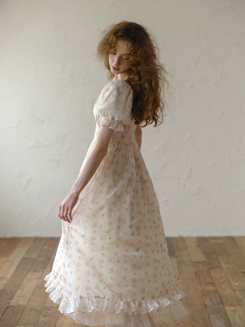 Buy Romantic Pink Floral Short Sleeve Dress - Megustas