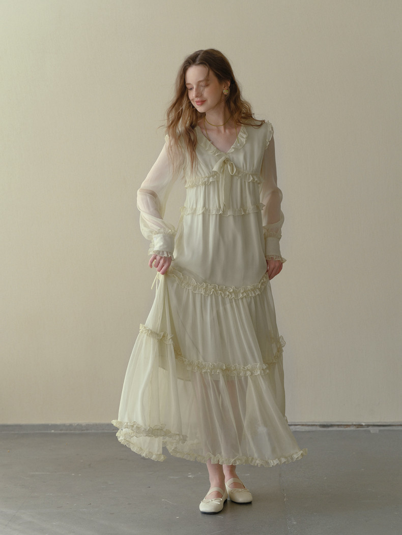 Buy Elegant Ruffle Long Sleeve Dress - Megustas