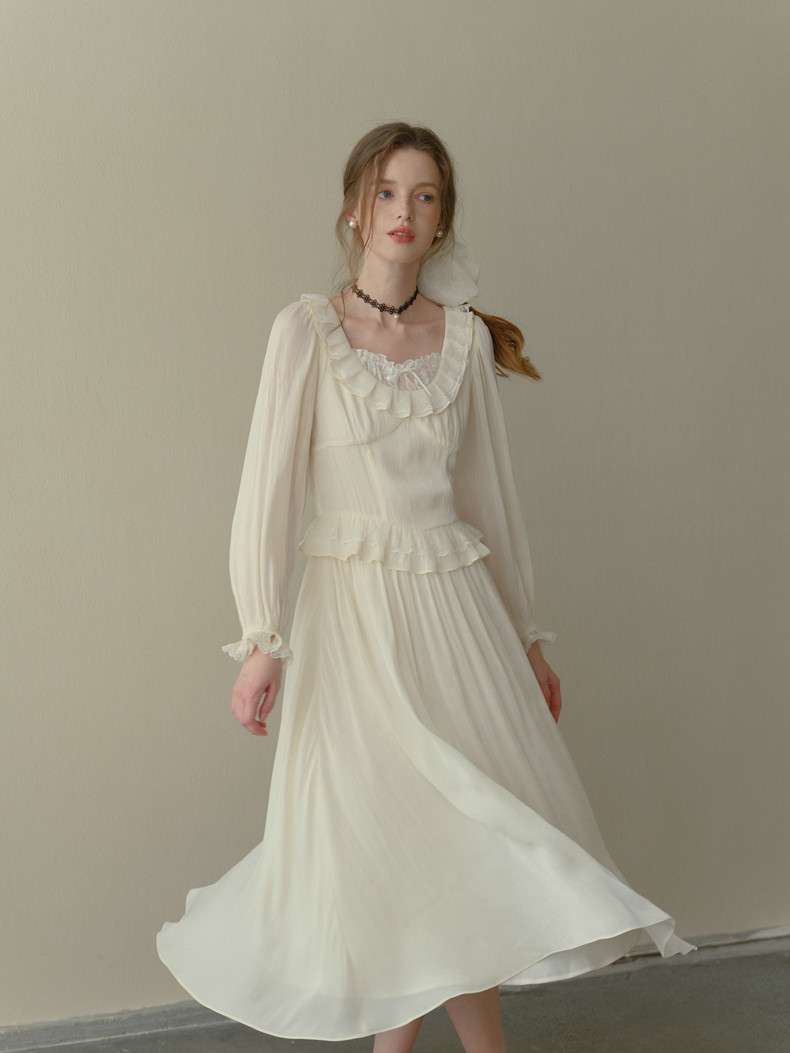 Buy Vintage Ruffled Midi Dress Lace Patchwork French Tea Dress - Megustas