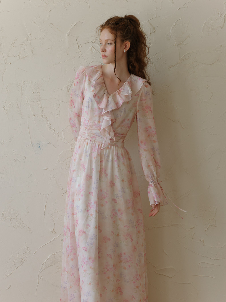Buy Vintage Ruffle Long Sleeve Chiffon Floral Dress - Megustas