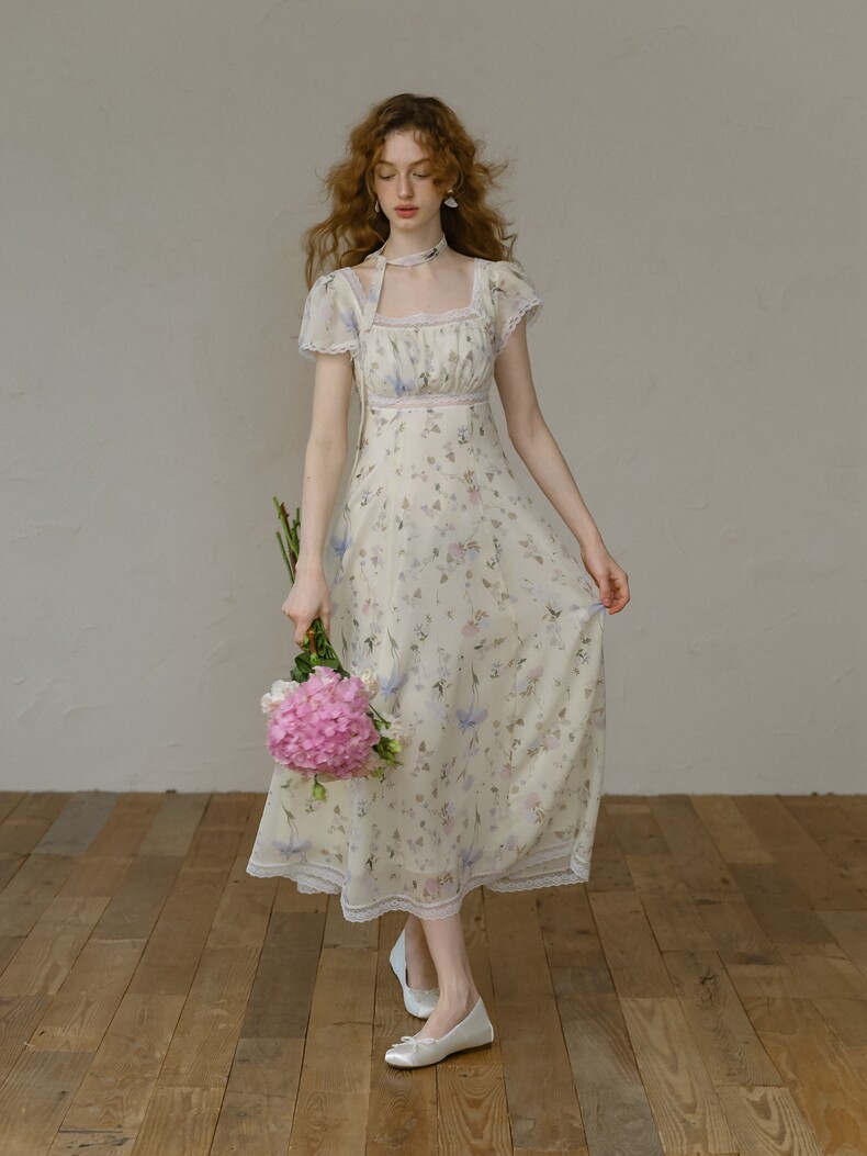 Buy Vintage Lace Floral Dress, High Waist Flowy Midi Dress - Megustas