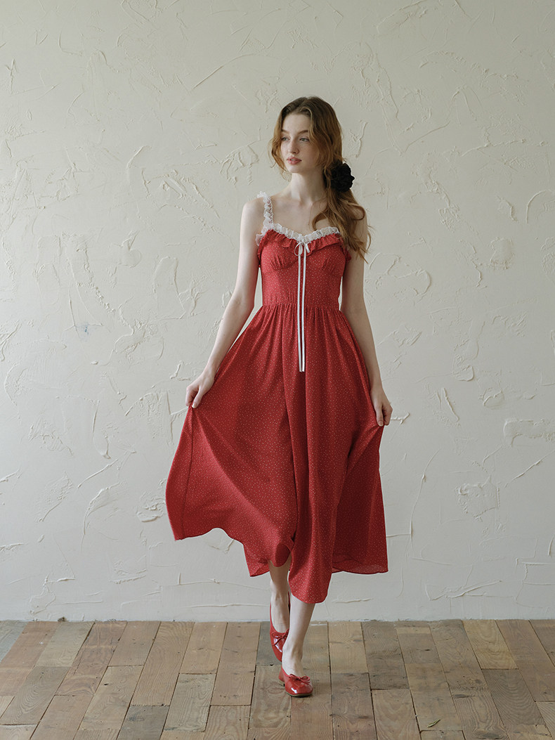 Buy French Retro Red Polka Dot Lace Dress  - Megustas