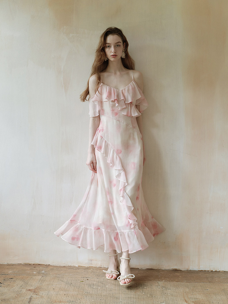 Pink Watercolor Ruffle Slip Dress
