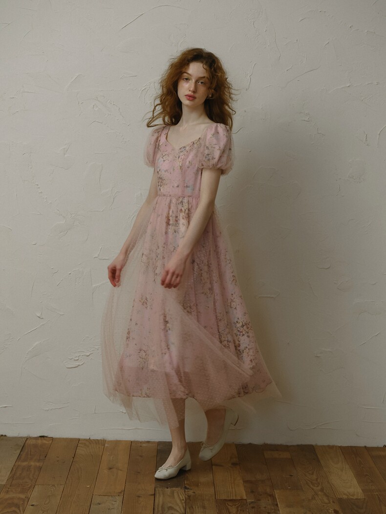 Sheer Mesh Floral Puff Sleeve Pink Dress