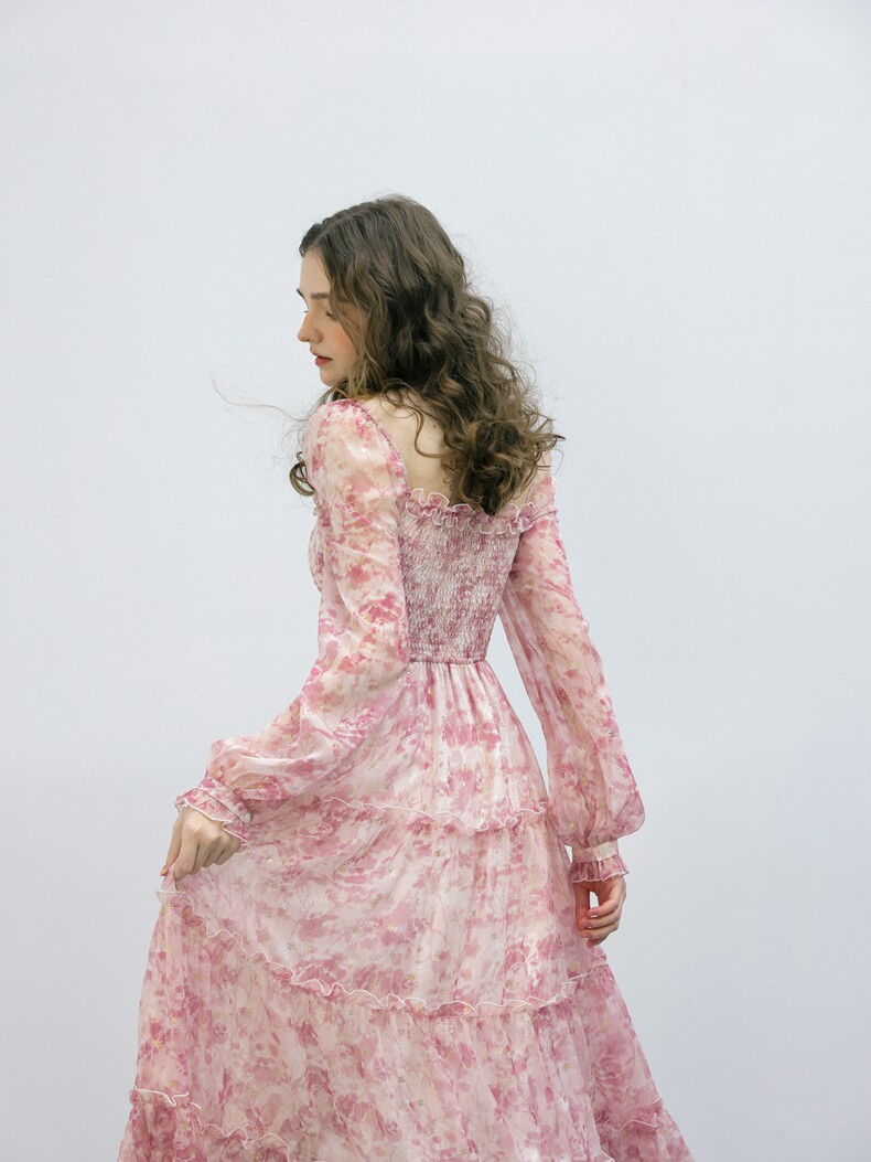 Floral Long Sleeve Tiered Chiffon Dress