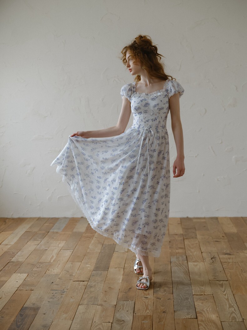 White Blue Floral Tiered Ruffle Dress
