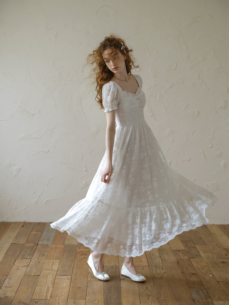 Buy Vintage White Lace Dress, Puff Sleeve A-Line Midi Dress - Megustas