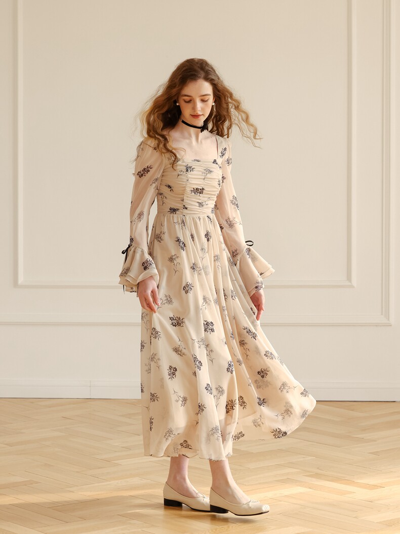 Beige Floral Sheer Sleeve High Waist Dress