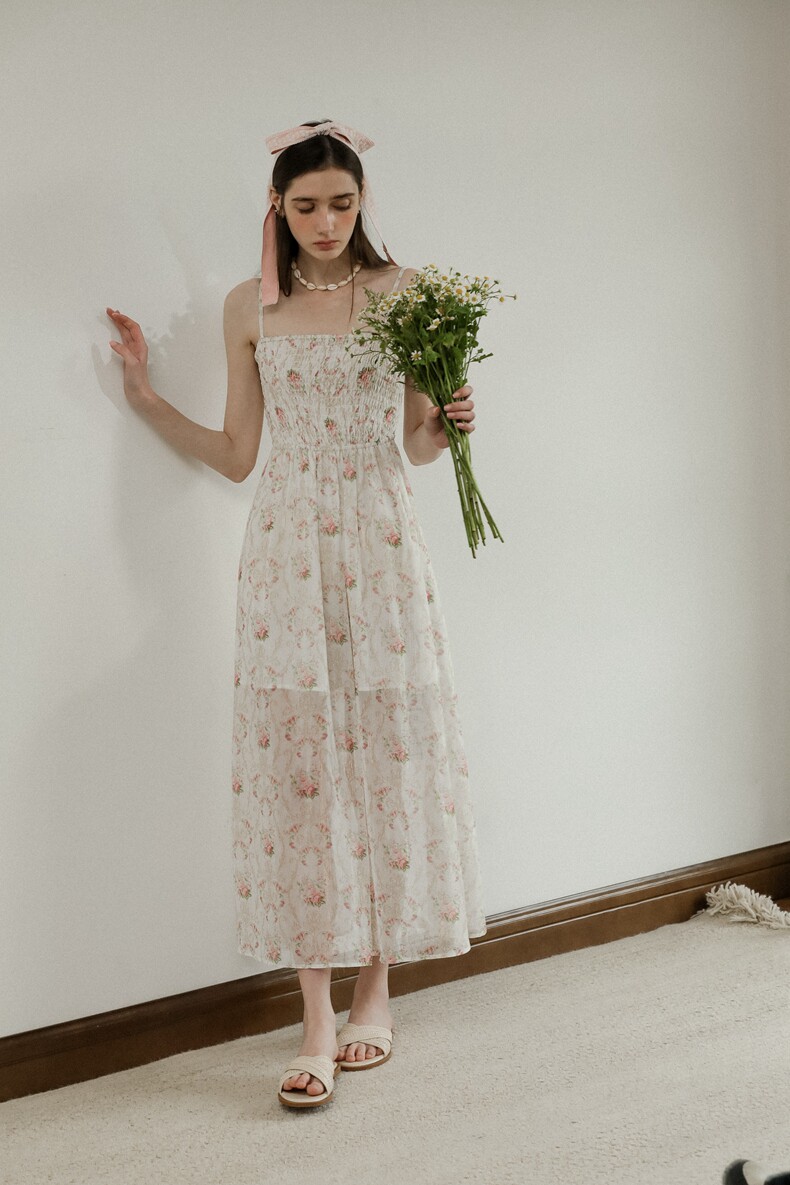 Smocked Straight Neck Floral Tiered Slip Dress