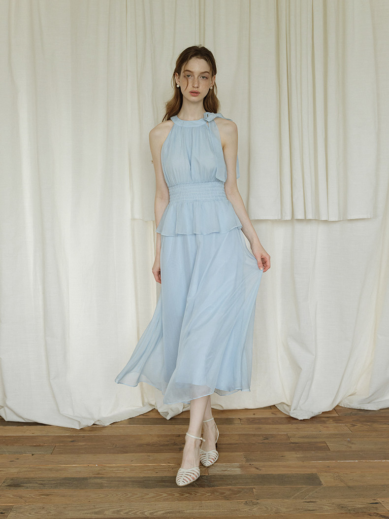 Sleeveless Halter Pleated Chiffon Maxi