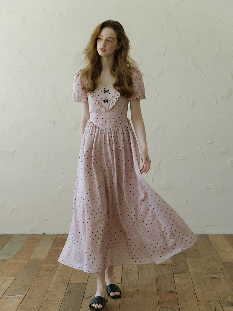 Sweetheart Neck Bow Polka Dot Puff Sleeve Dress