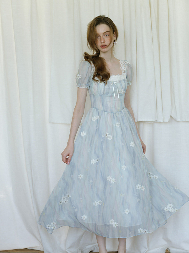 Lace Square Neck Puff Sleeve Blue Floral Dress