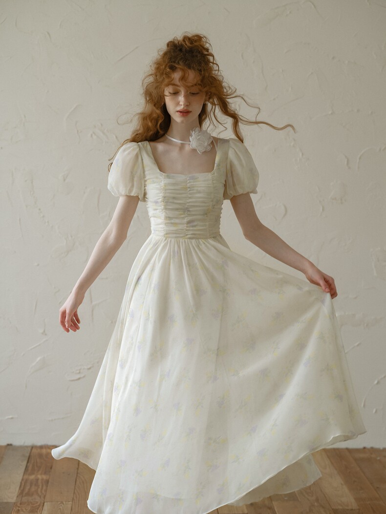 Square Neck Smocked Puff Sleeve Cream Dress