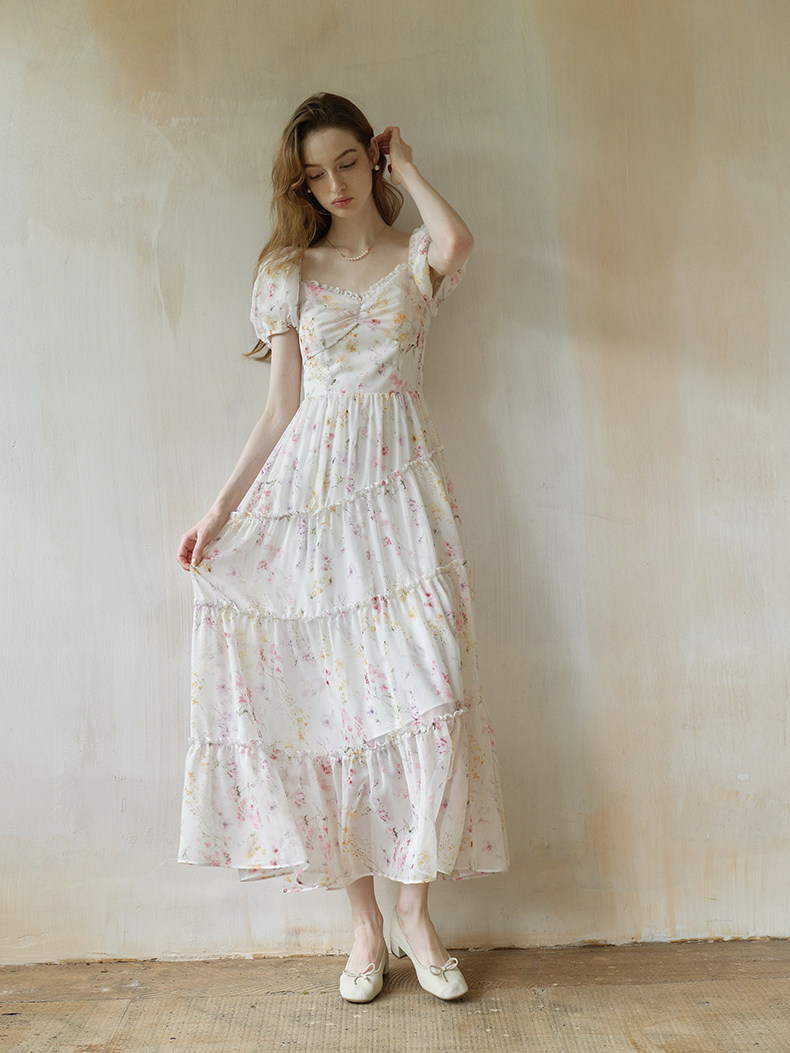 White Floral Puff Sleeve Tiered Maxi Dress