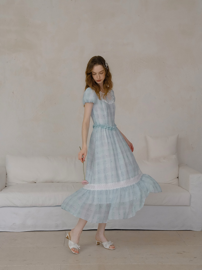 Light Blue Plaid Lace Neck Puff Sleeve Dress