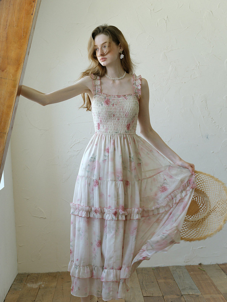 Buy Romantic Rose Floral Ruffle Tiered Maxi Dress, Flowy Summer Sundress - Megustas